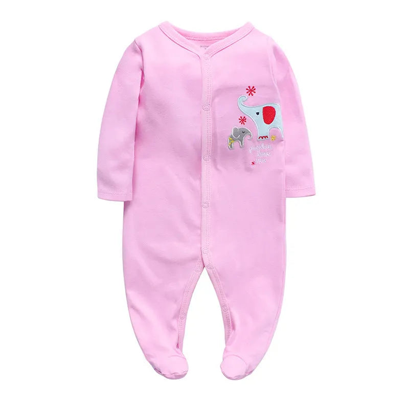Cotton baby one-piece romper with dinosaur print in blue, sized for 6-month infants.