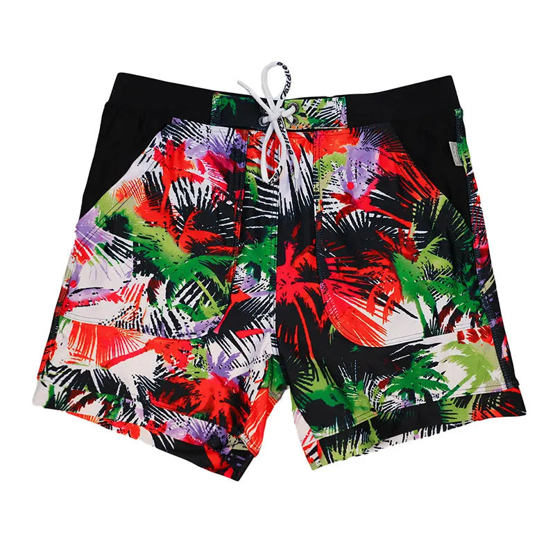 Men's spandex polyester swim shorts with elastic waist and drawstring on a beach background