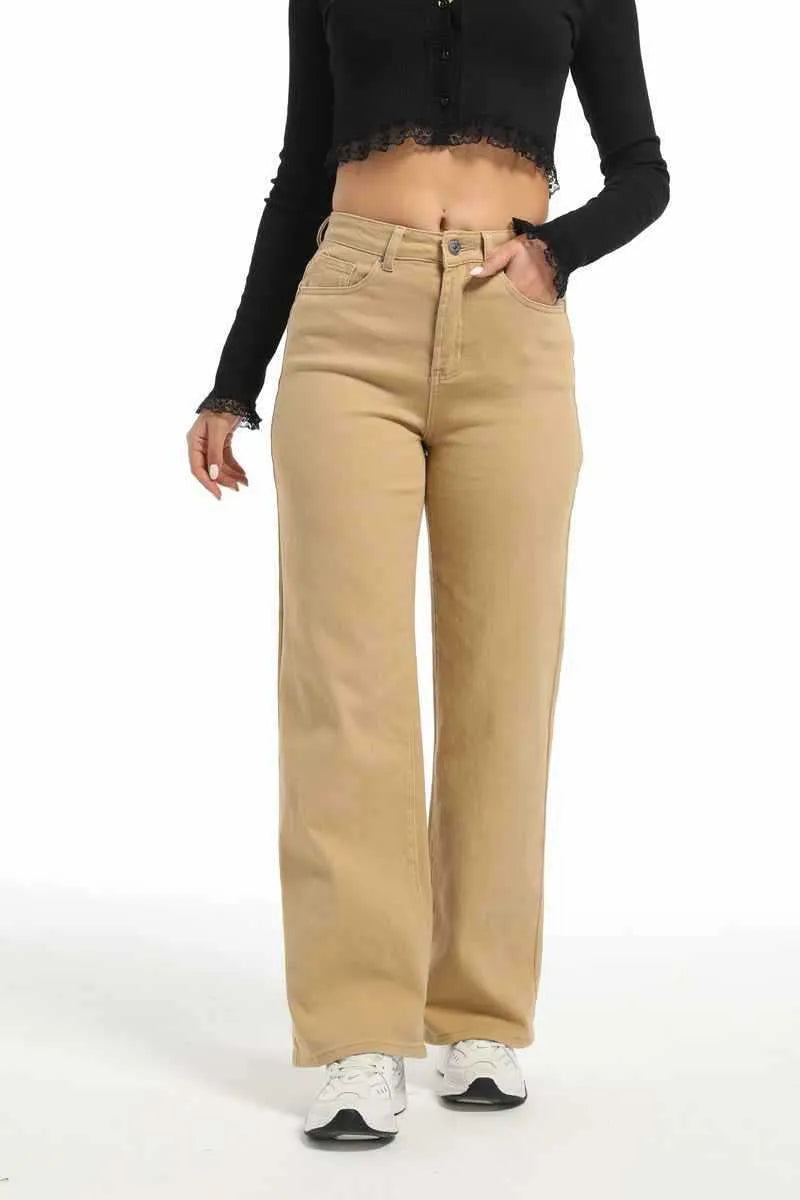 Women's apricot high-waist wide-leg straight jeans made from stretch cotton.