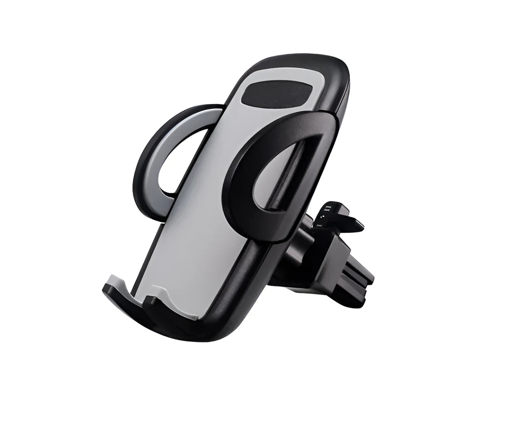 Black plastic mobile phone holder mounted on car air conditioning vent with phone in cradle