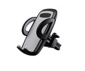 Black plastic mobile phone holder mounted on car air conditioning vent with phone in cradle