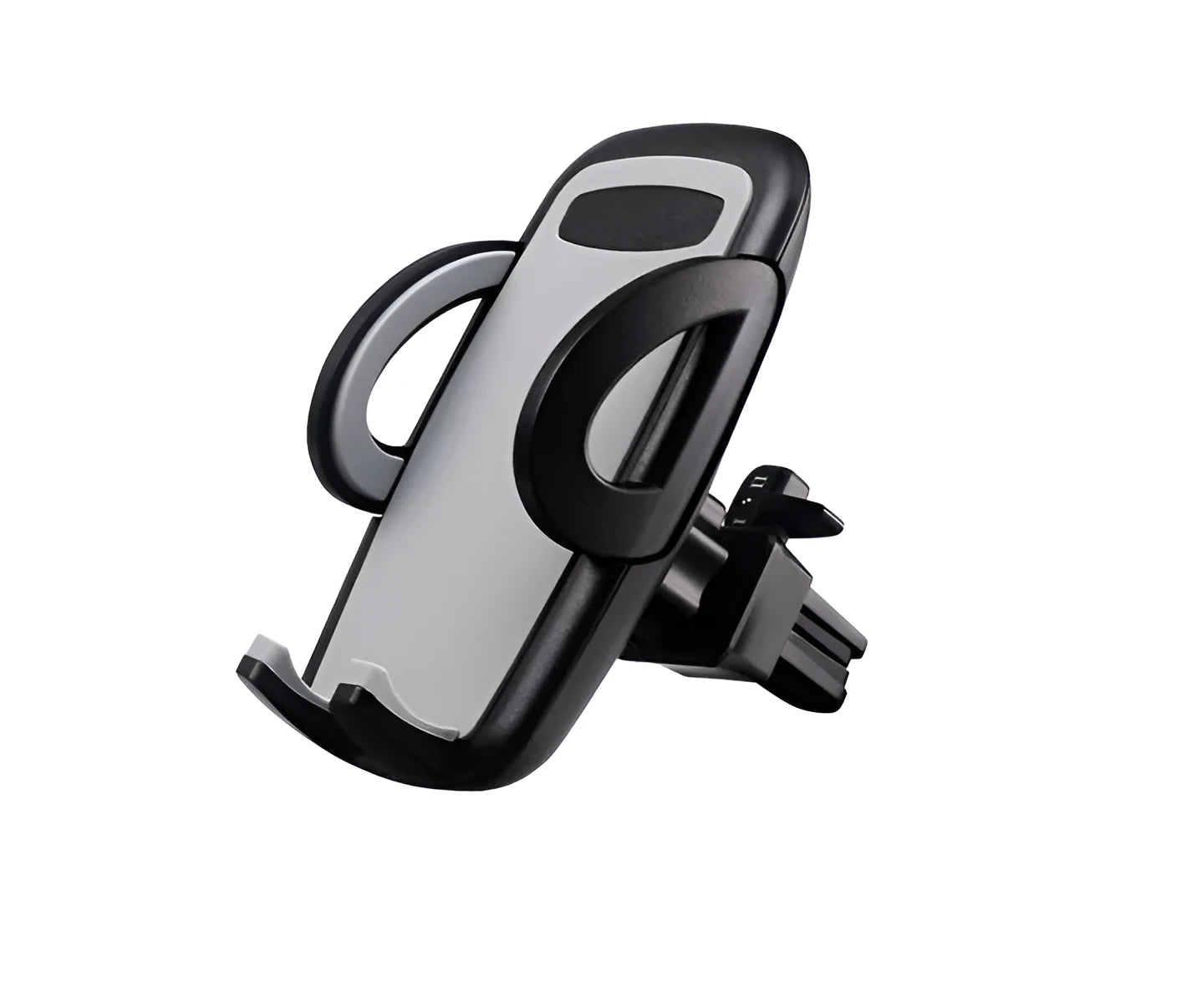 Black plastic mobile phone holder mounted on car air conditioning vent with phone in cradle