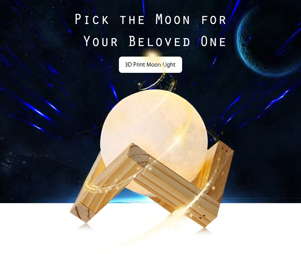3D printed moon lamp showing detailed craters, with a touch metal ring at base for colour changing and dimming control.