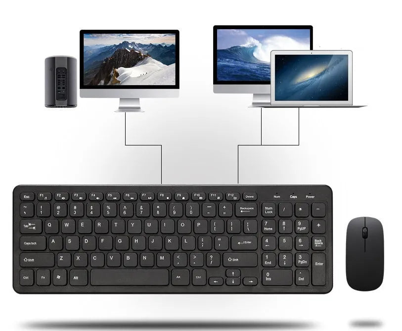 Wireless keyboard and mouse set in black plastic with 96-key keyboard and adjustable DPI mouse