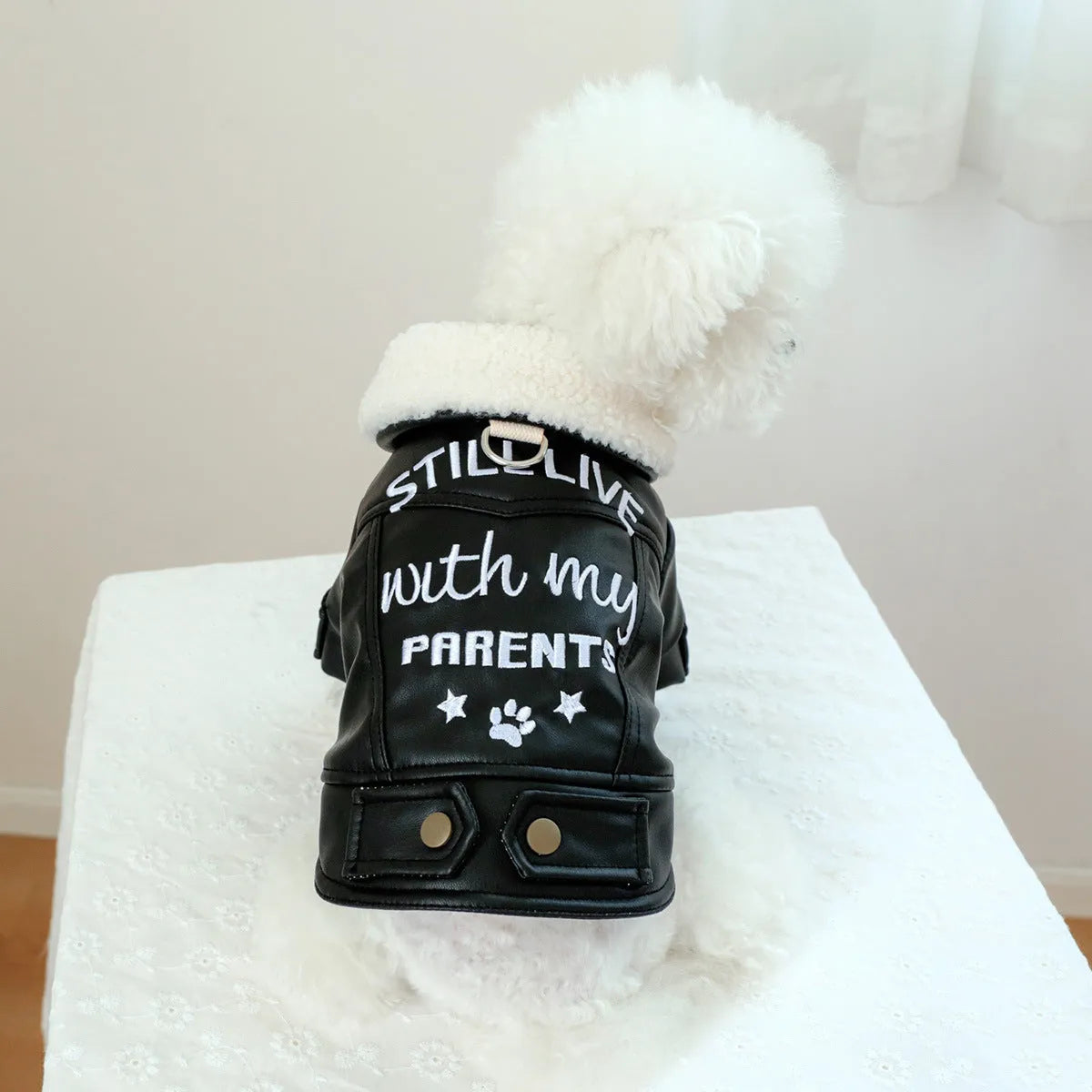 Fleece-lined padded dog coat on a hanger, shown in beige colour with size tag visible.