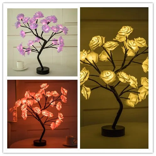 White and red rose flower LED table lamp with USB and battery power options