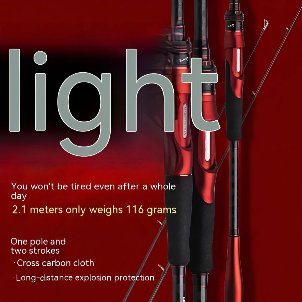 Carbon ultralight fishing rod shown with straight handle and pikestaff style options for lure fishing.