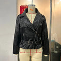 Men's black punk-style short belt lapel jacket with a Peter Pan collar and drawstring waist.