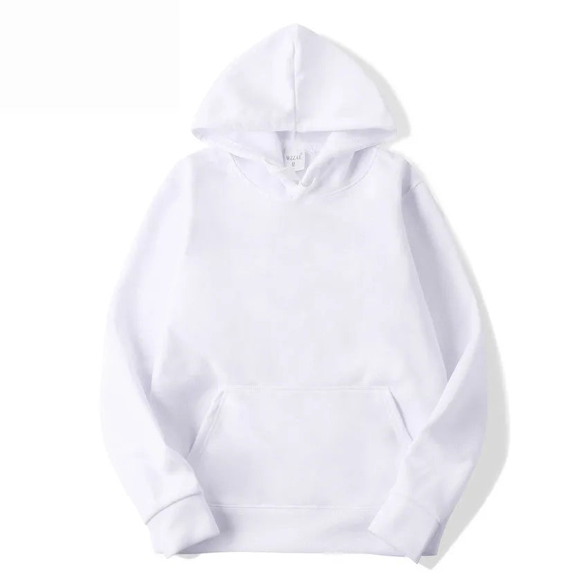 White cotton blend hoodie pullover with long sleeves and hood shown on hanger