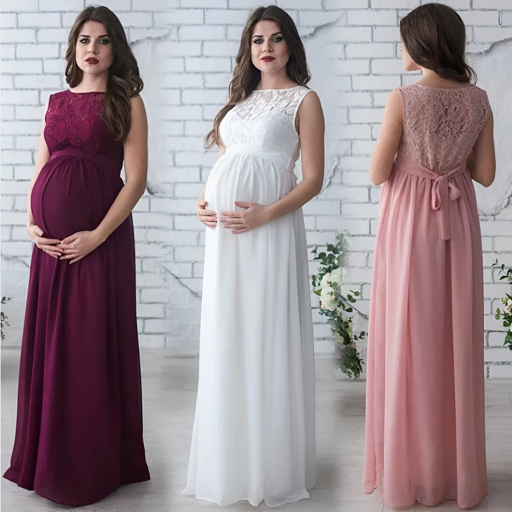 Lace sleeveless maternity dress with stretch waist in white – polyester fabric baby shower dress