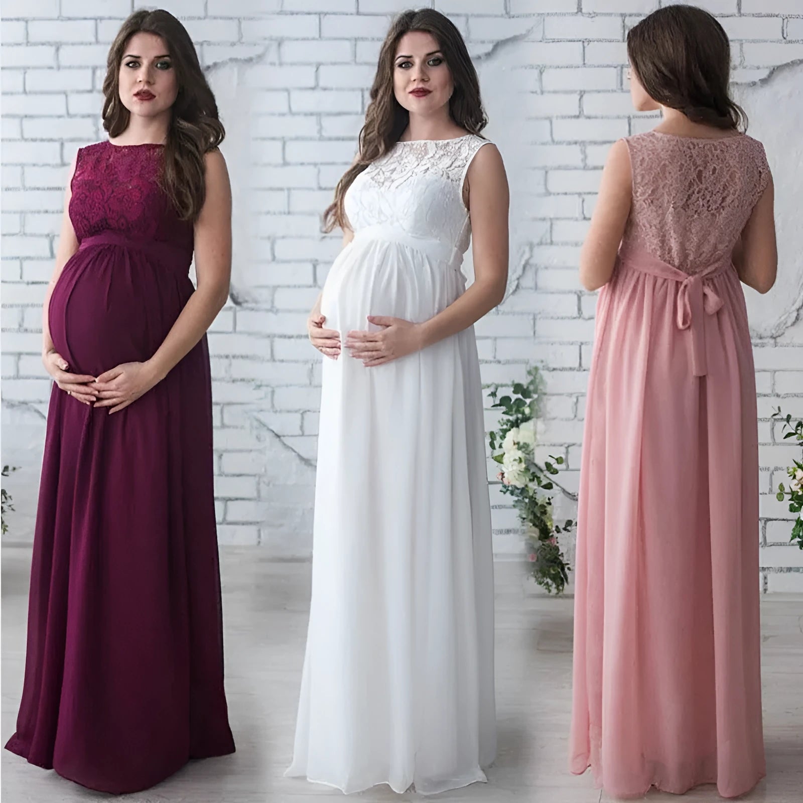 Lace sleeveless maternity dress with stretch waist in white – polyester fabric baby shower dress