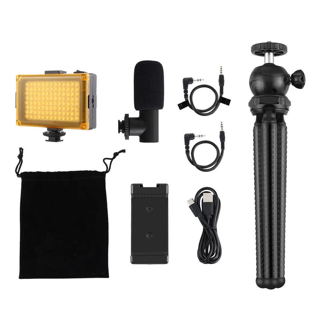 Black octopus tripod live broadcast kit with flexible legs, fill light, and microphone attached