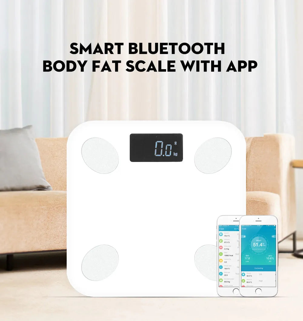 White square electronic weight scale with LCD display showing weight and body fat data