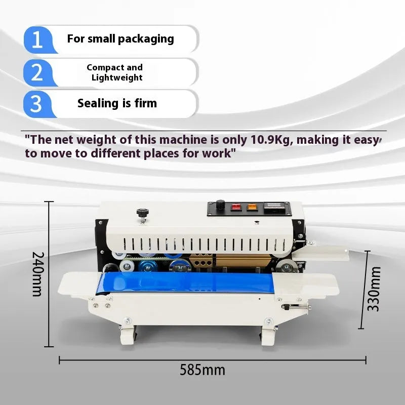 Mini steel sealing machine on a countertop, showing the printable date feature on the sealing head.