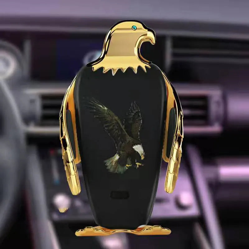 Car phone holder with wireless charging base and suction cup mount in Eagle style