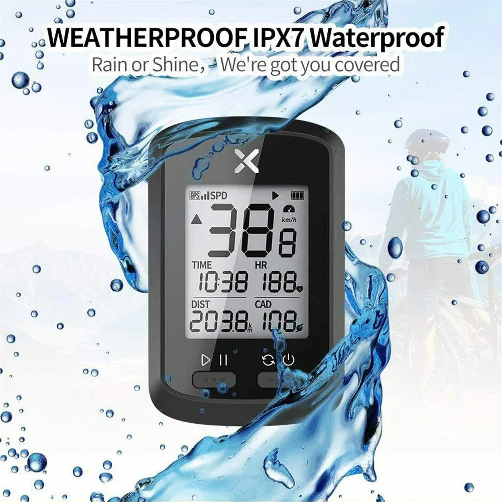 Black waterproof bicycle stopwatch with digital display mounted on bike handlebars using magnetic attachment system