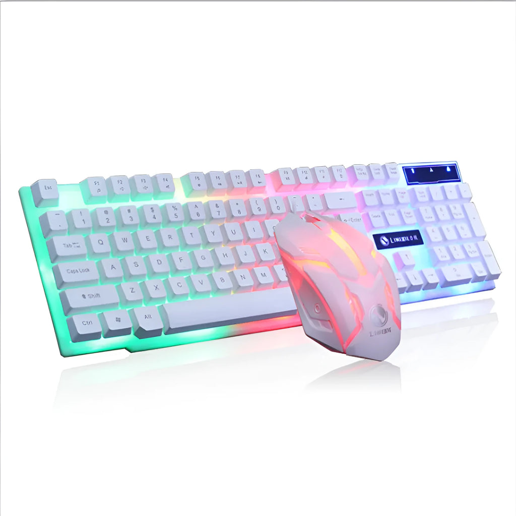 Limei GTX300 white gaming keyboard and mouse set on a desktop