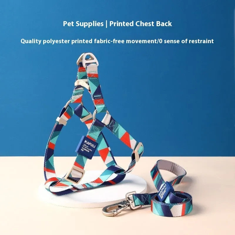 Blue polyester dog harness vest with attached haulage rope set on a white background.