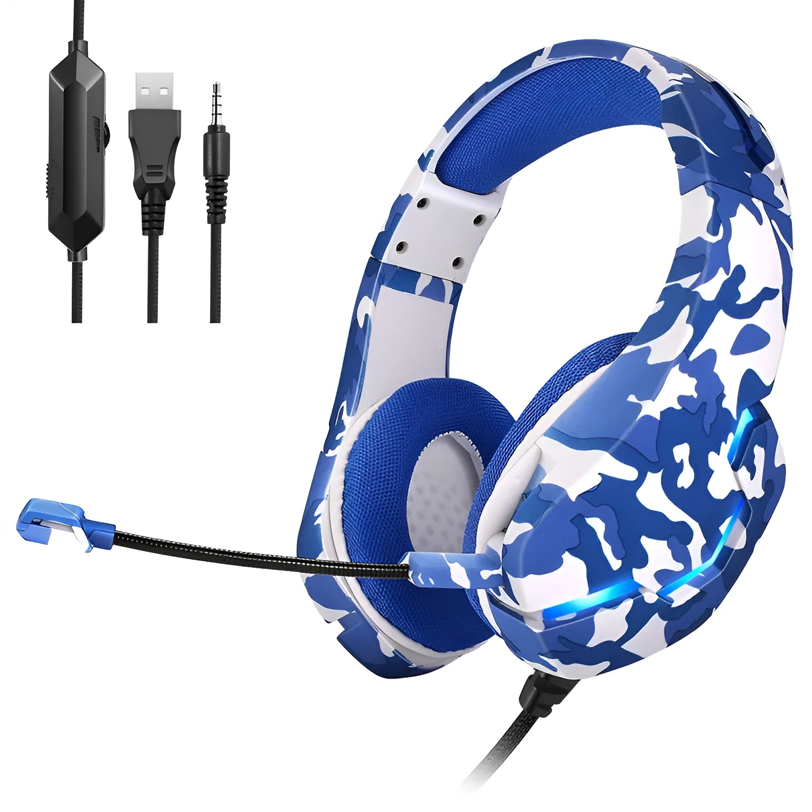 Wired camouflage blue gaming headset with microphone, braided cable, and cloth earmuffs on a desk
