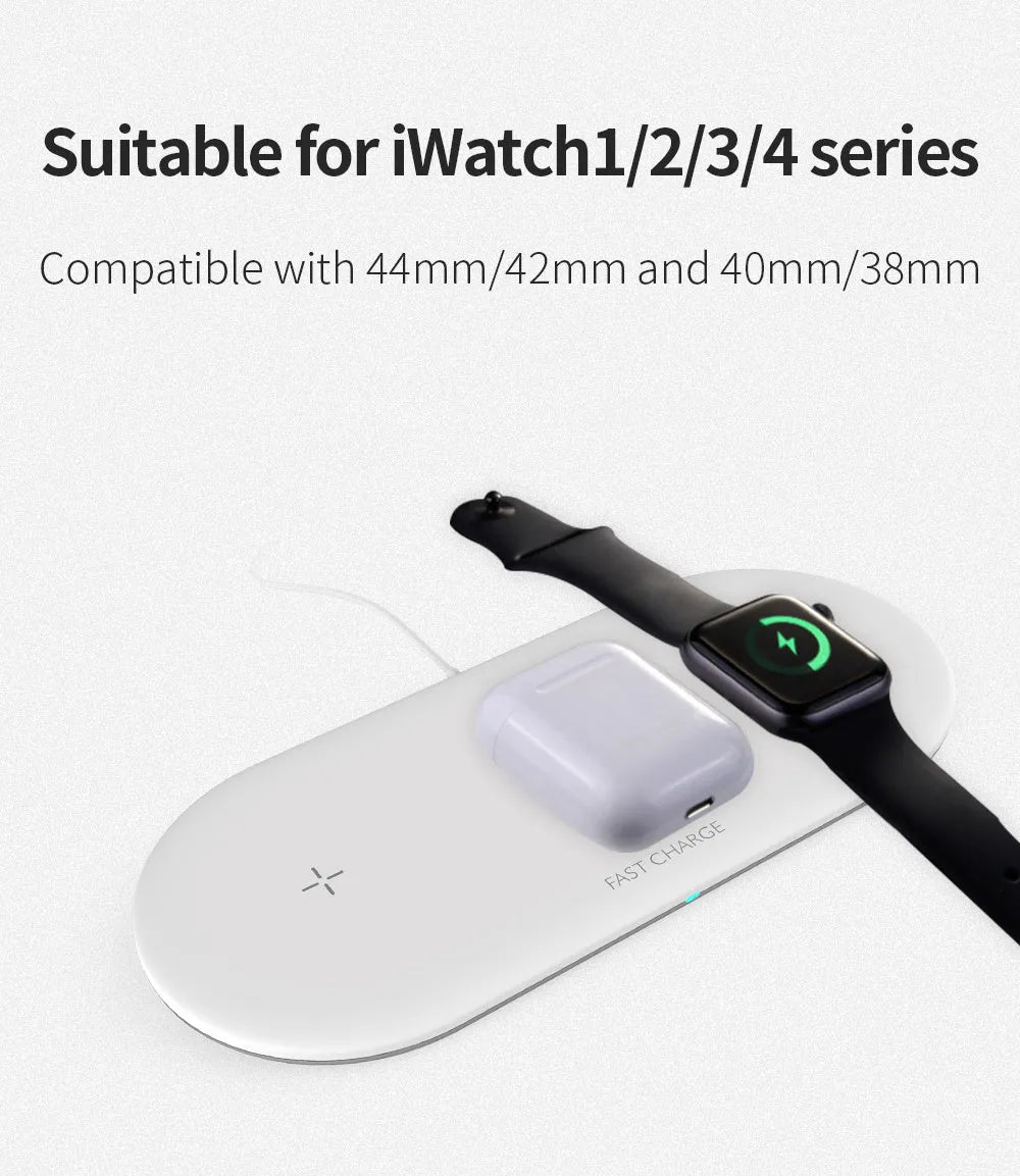 White triple wireless charging station for iPhone, iWatch, and headphones on desktop