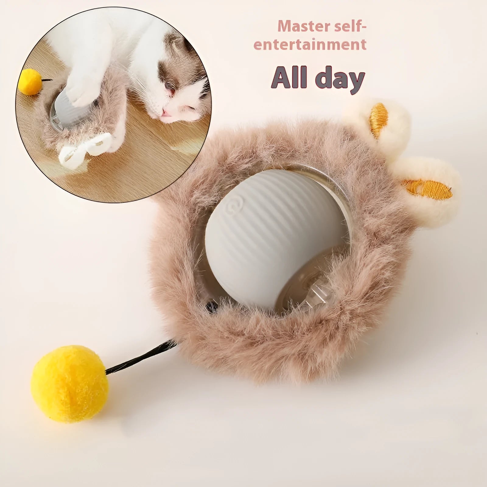 Cat self-play toy with rolling silicone plush ball in multiple colour options
