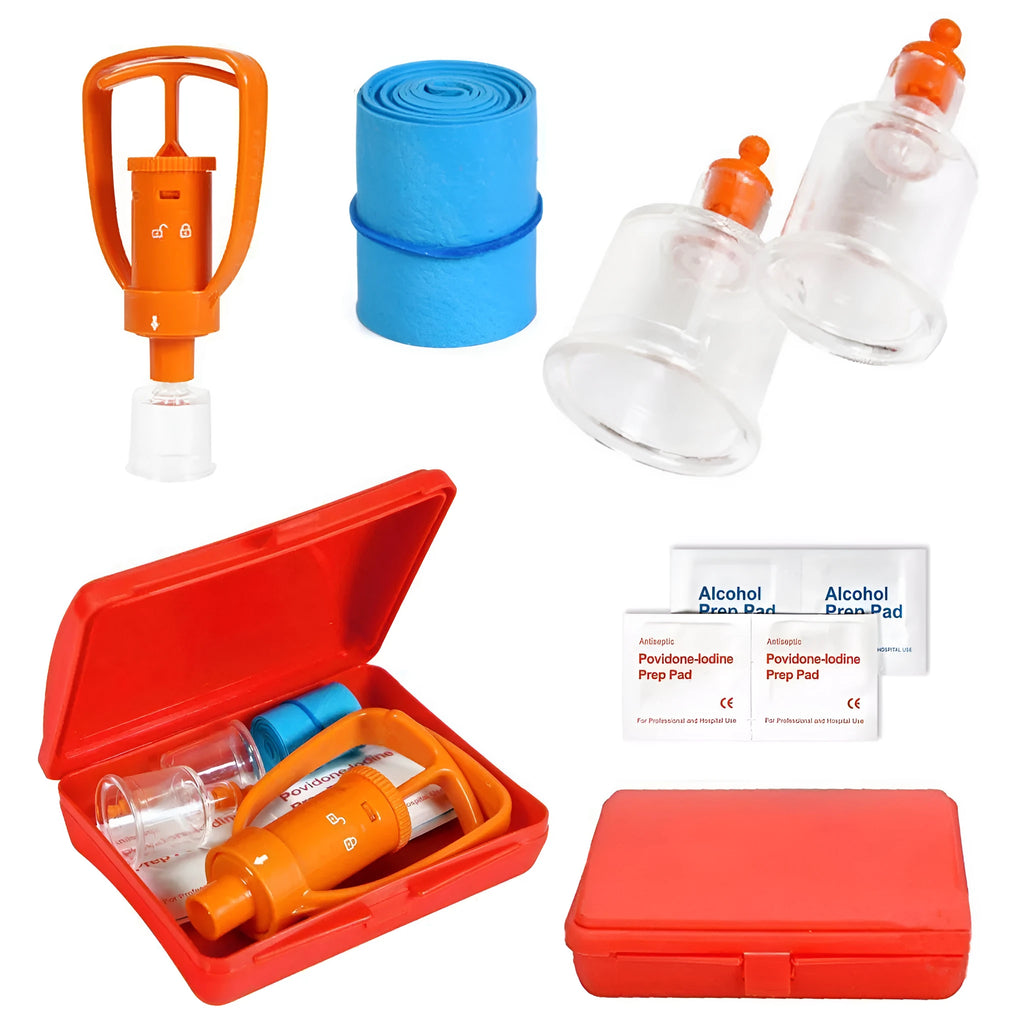 Orange portable venom extractor suction device first aid kit with pump, two suction cups, and accessories.