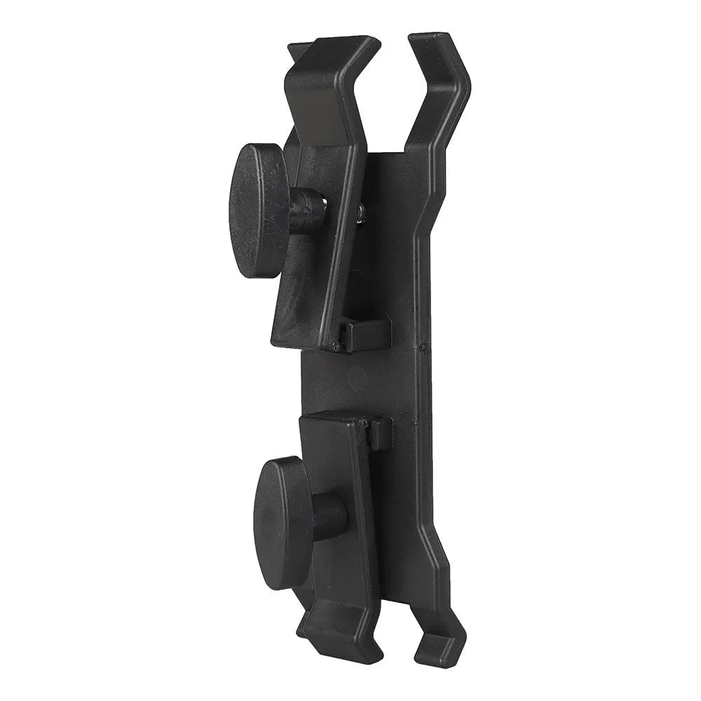 Black ABS plastic umbrella clip attached to an Apple tripod for camera rain protection.