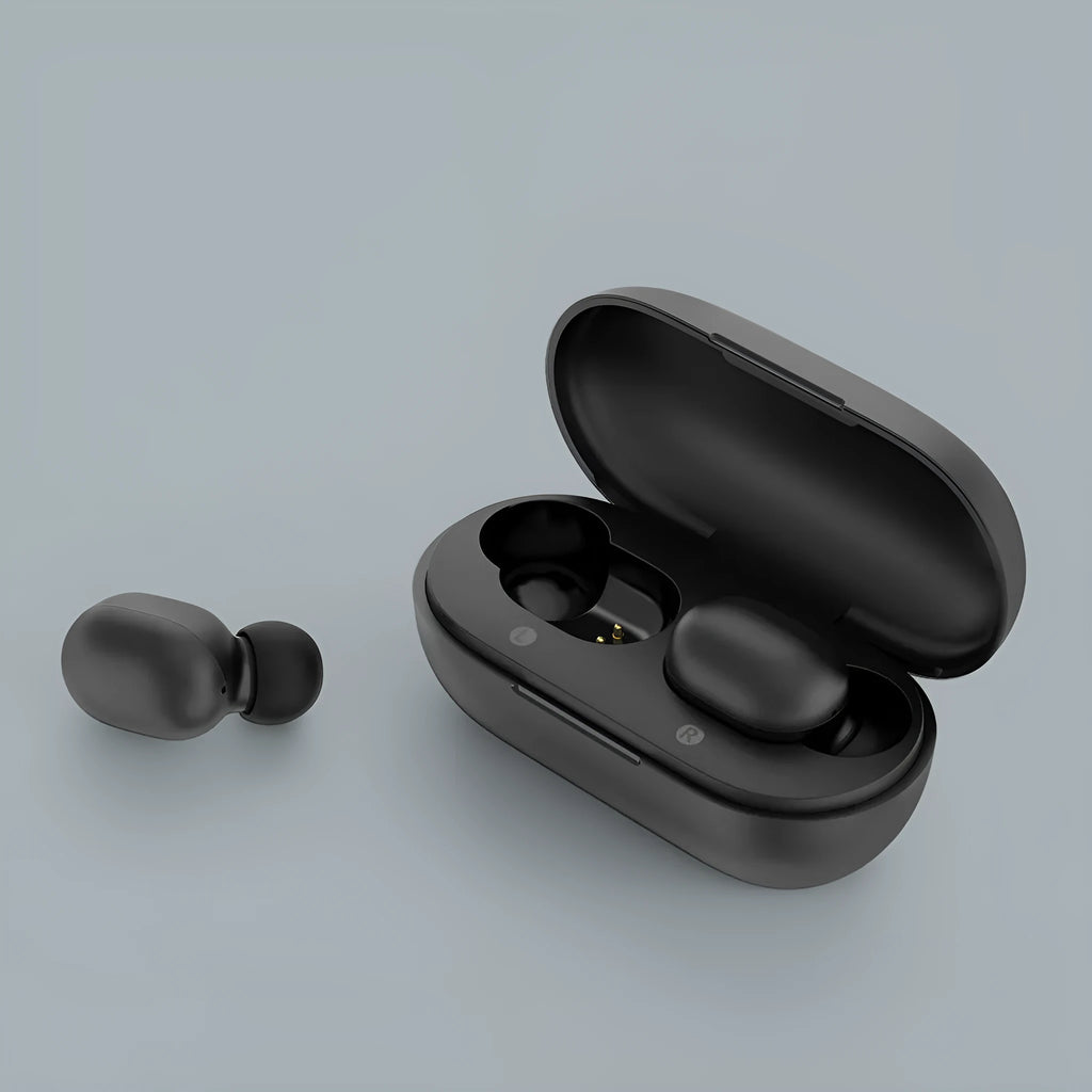 Black true wireless Bluetooth stereo earbuds with bilateral design