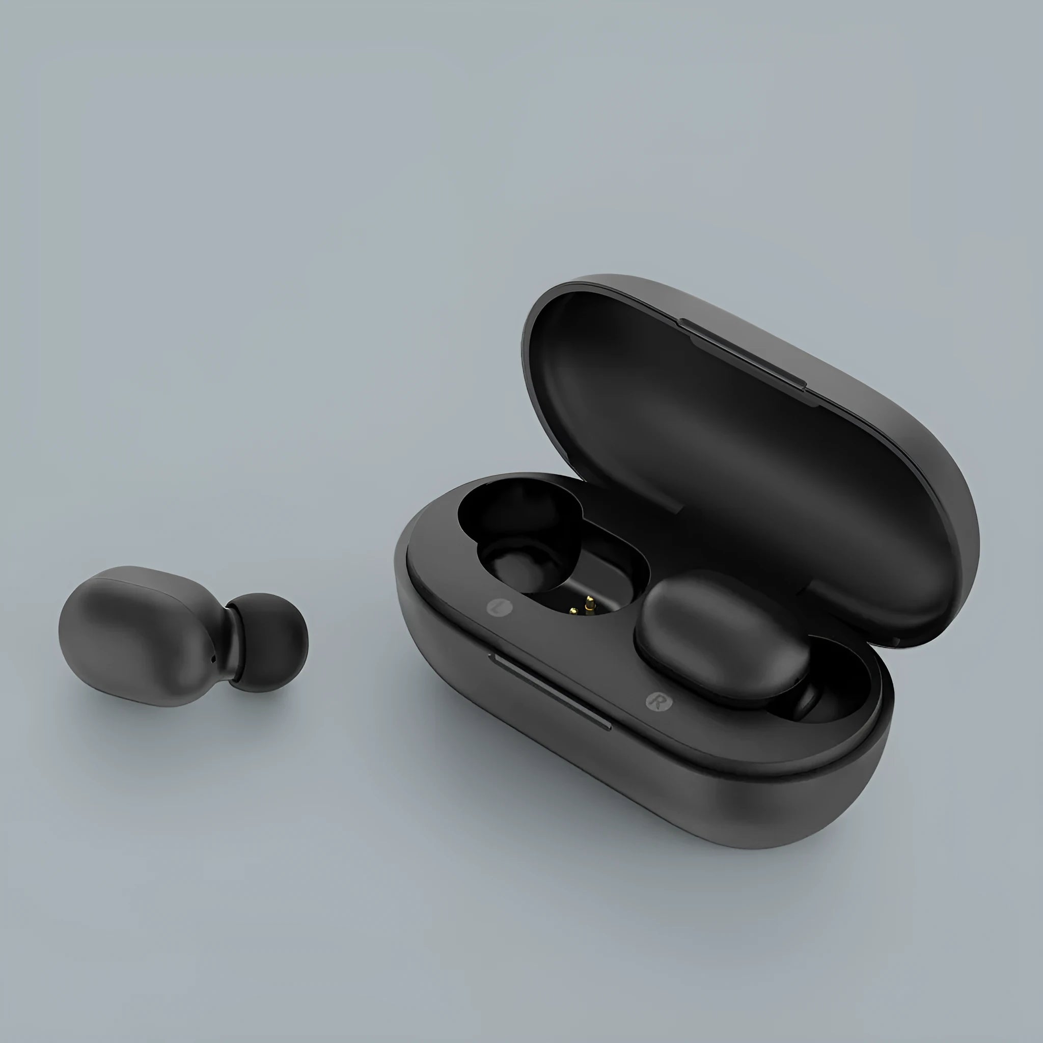 Black true wireless Bluetooth stereo earbuds with bilateral design