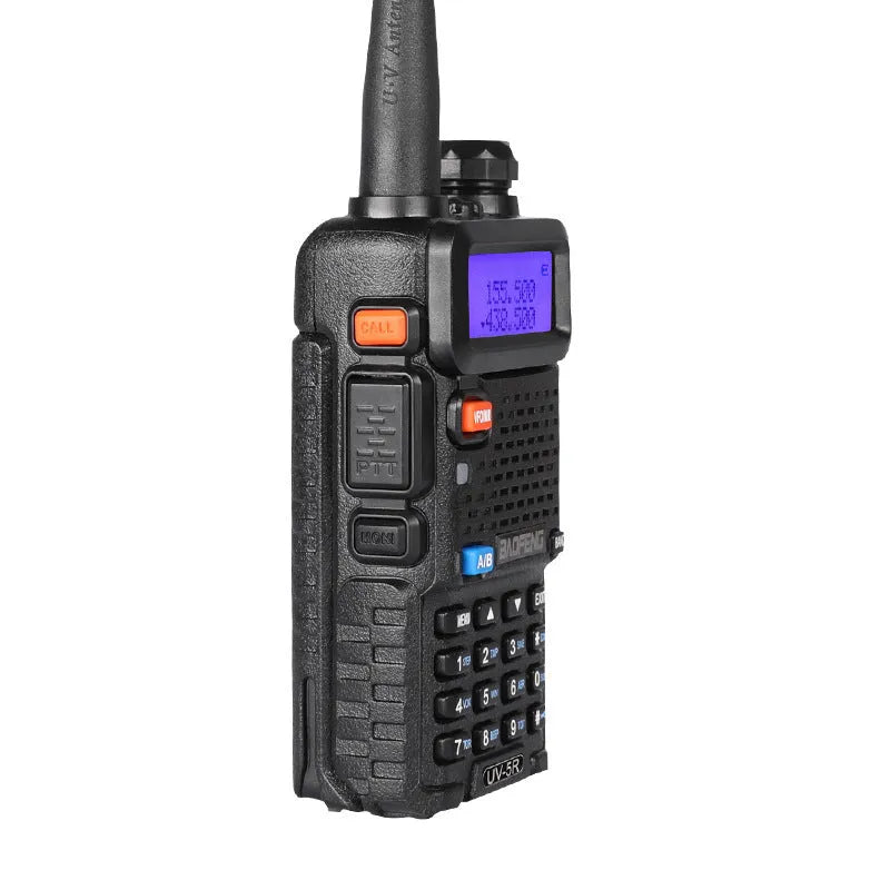 Black VHF UHF dual-band walkie talkie with 128 channels and LCD display showing 5-10 km communication range
