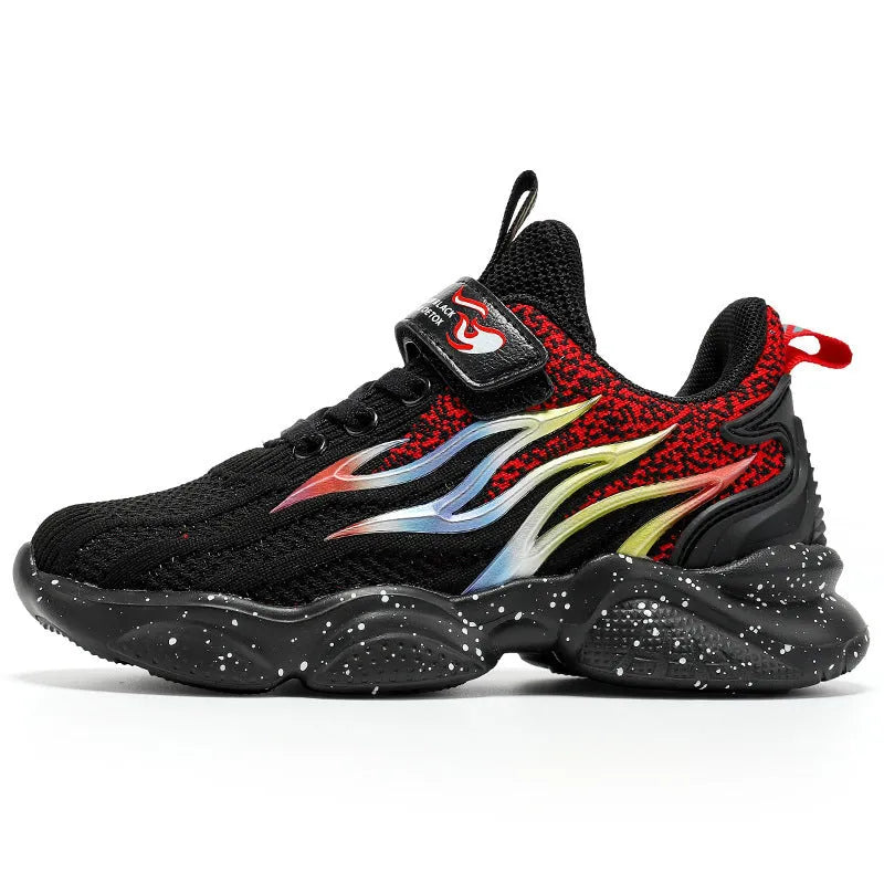 Boys sneakers with mesh textile and TPU upper in beige, black gold, or black red with rubber anti-slip soles