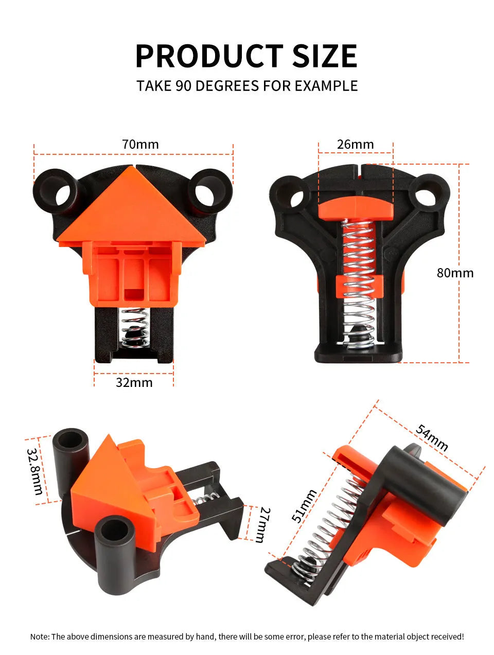 Four plastic 90 degree right angle woodworking clips for frame corner alignment
