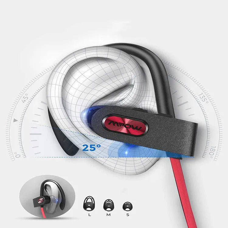 Red, black, and pink Bluetooth hanging ear earphones with bilateral stereo sound
