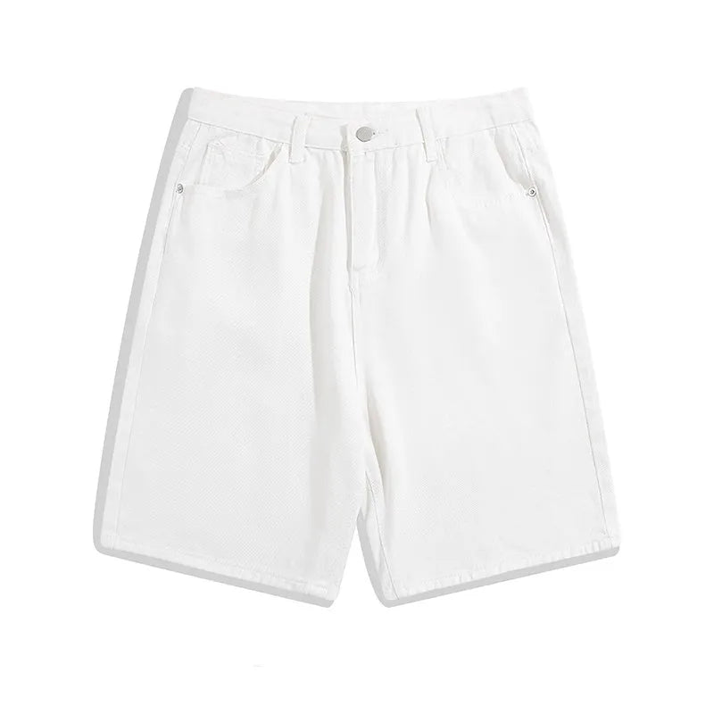 Men's casual denim shorts in straight-leg style with five pockets and zipper fly