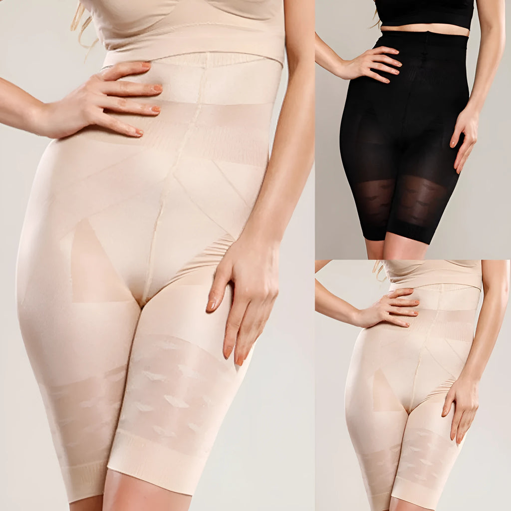 Women's black seamless high waist shapewear shorts laid flat on a white background.