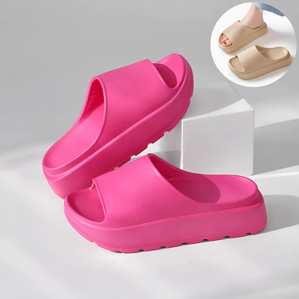 Women's thick sole fish mouth slippers in beige colour, showing the elevated EVA outsole.