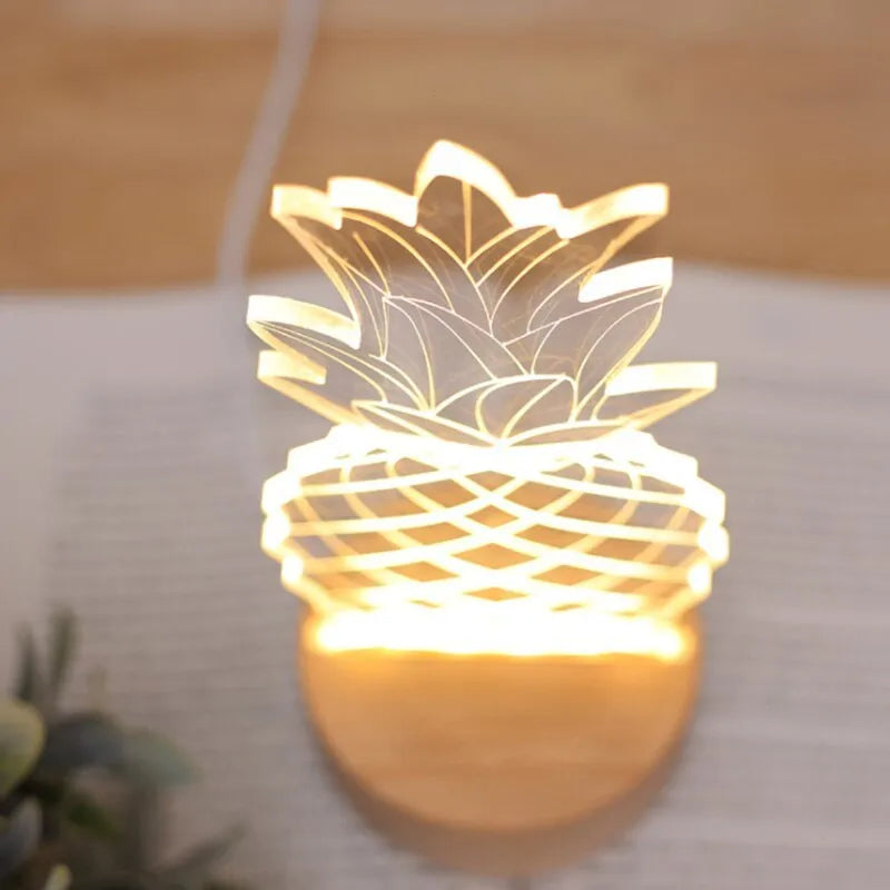 Cartoon pineapple-shaped bedside night light made from wood and acrylic with a dimmer switch.