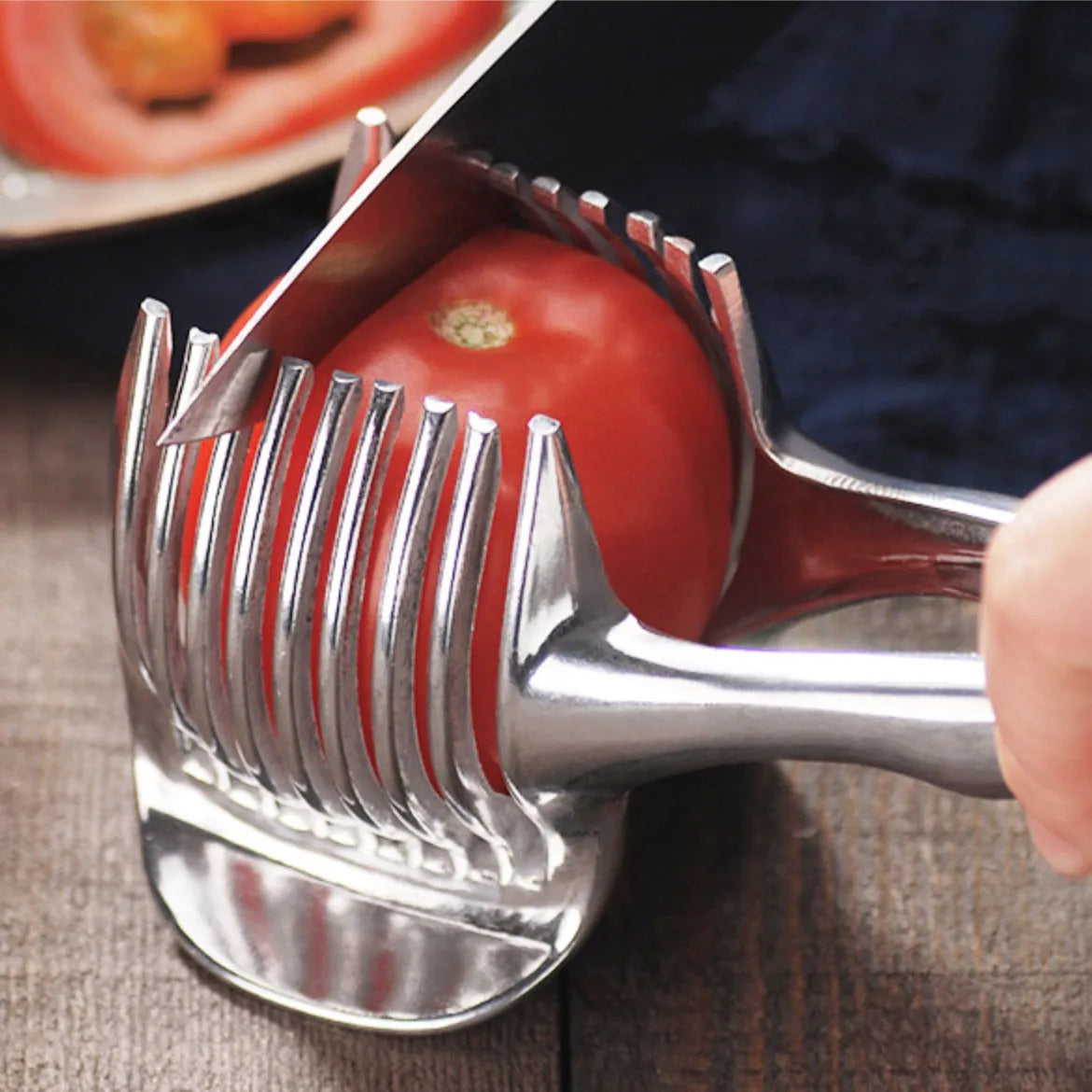 Silver plastic lemon slicer kitchen gadget for cutting fruits and vegetables