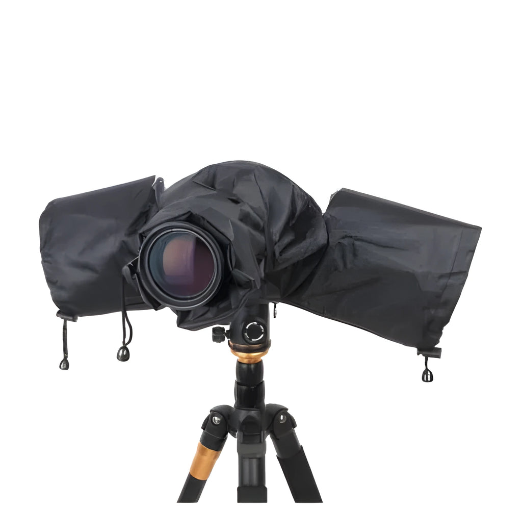 Black DSLR camera rain cover with elastic edges protecting long lens from rainfall