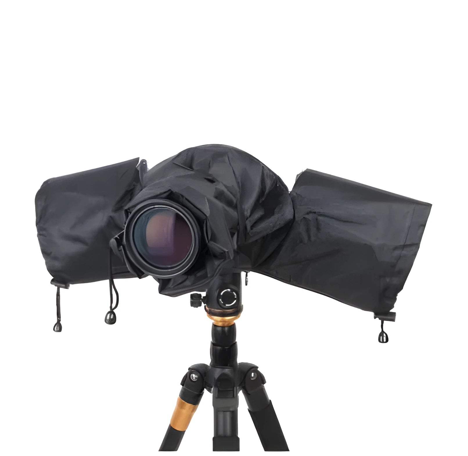 Black DSLR camera rain cover with elastic edges protecting long lens from rainfall
