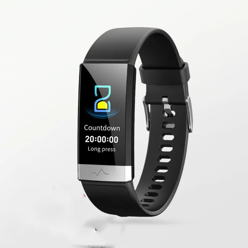 V19 smart health bracelet with colour screen on a TPU strap, showing ECG and SpO2 readouts.