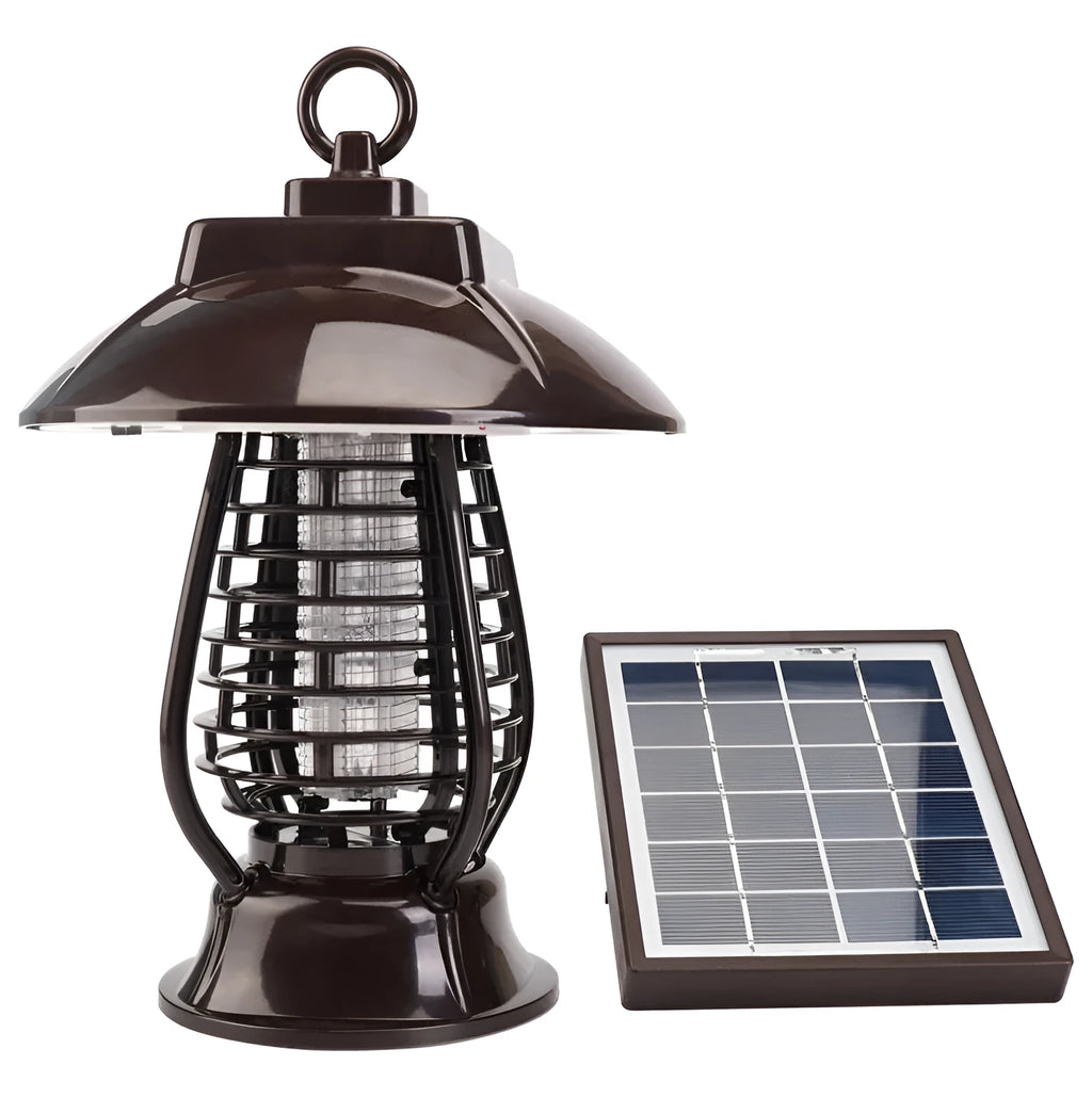 Black solar mosquito lamp with integrated solar panel for garden outdoor insect control