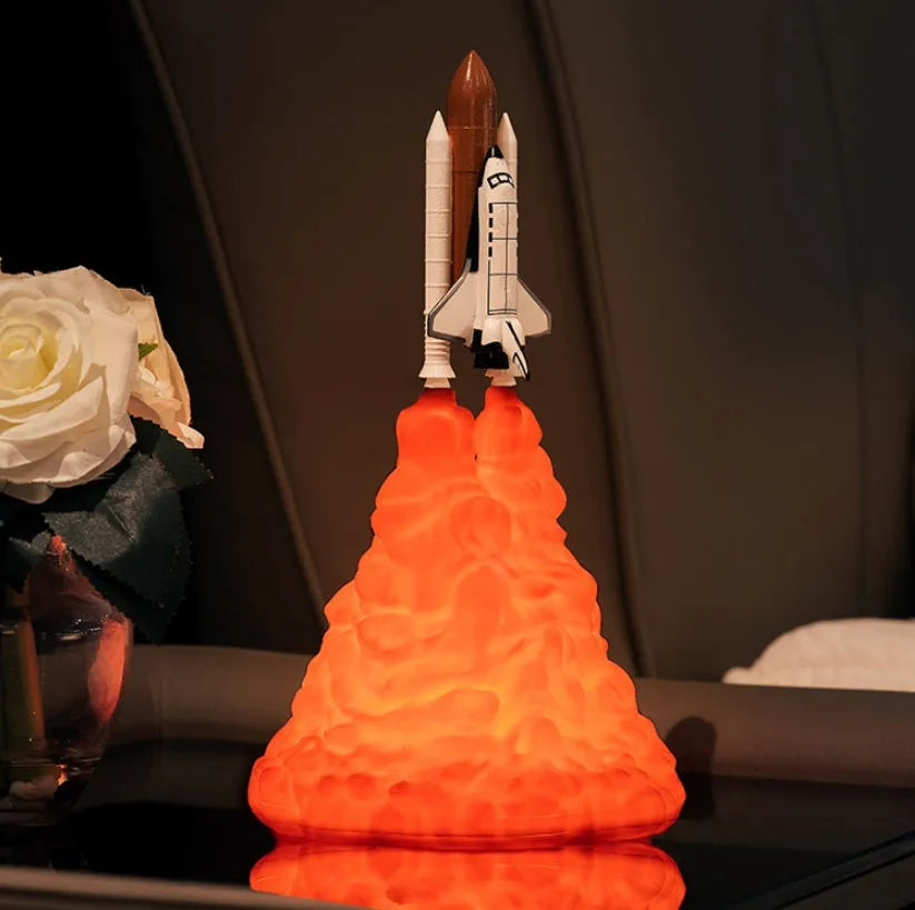 3D print rocket space shuttle lamp night light, 11 inch, PLA material, USB rechargeable, on display in a bedroom