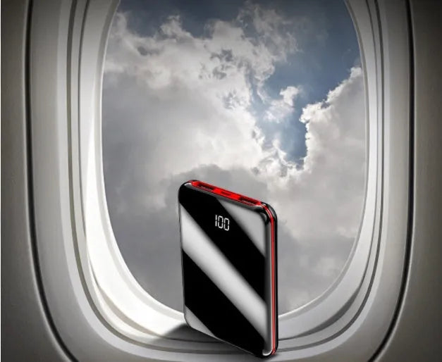 Mini LCD display power bank showing battery percentage on screen in black, red or white colours