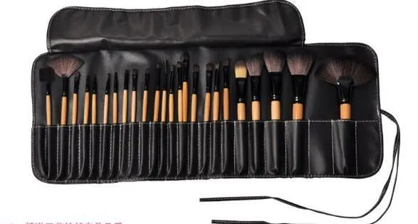 24-piece professional makeup brush set with wooden handles in a PU gift bag