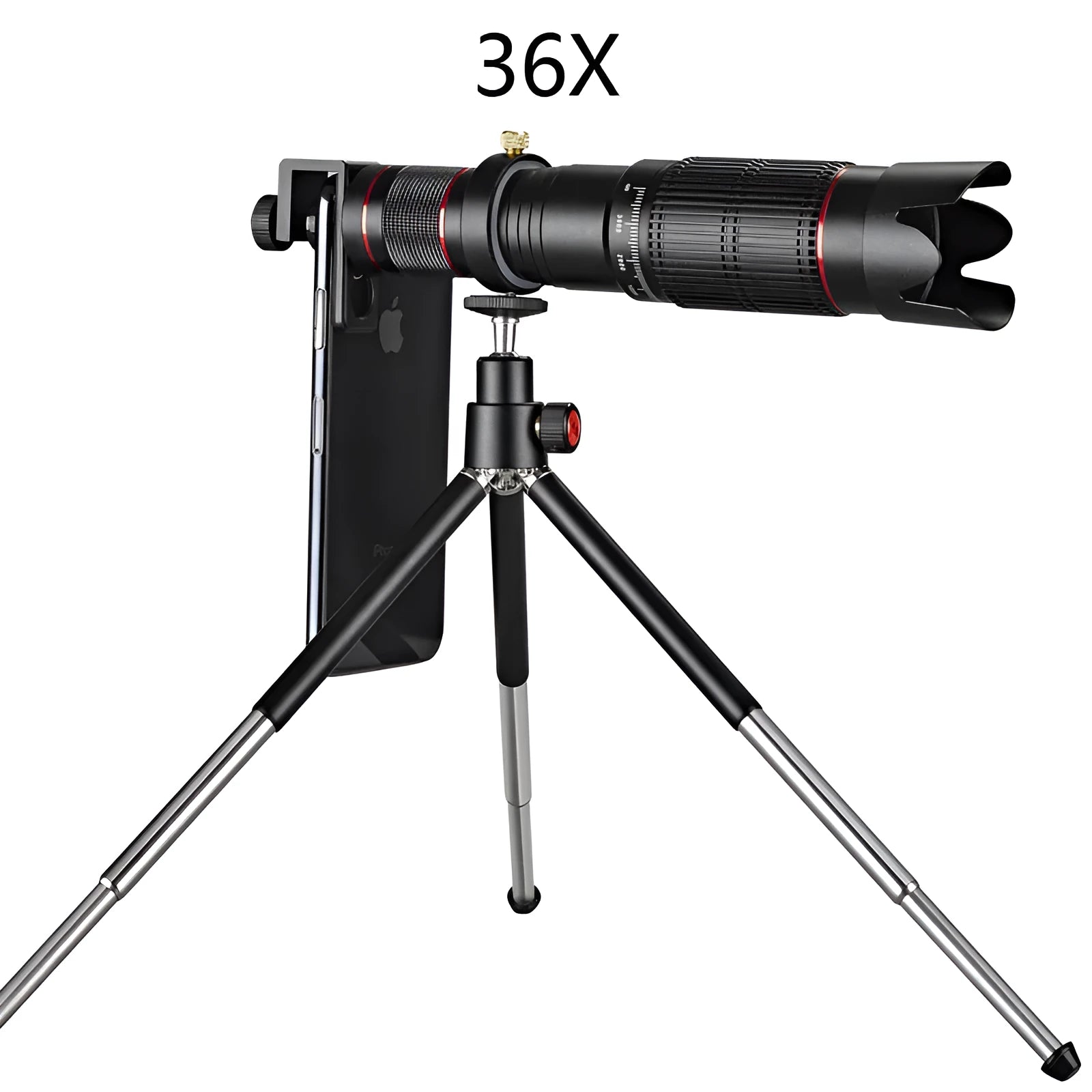 Black 36x telephoto telescope lens for universal smartphone attachment with compact design