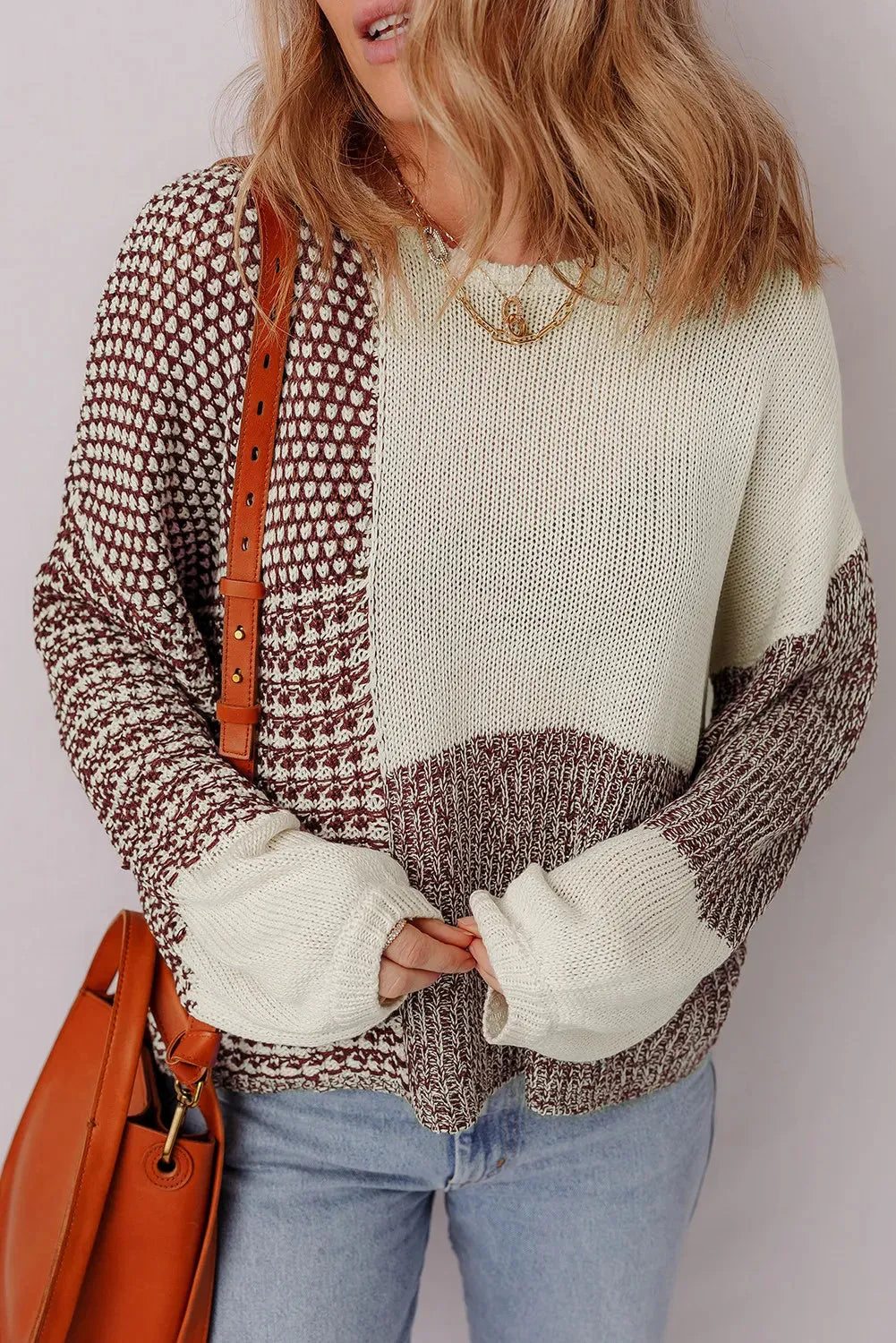 Dark khaki loose sweater with colour block back tie and drop shoulder design.