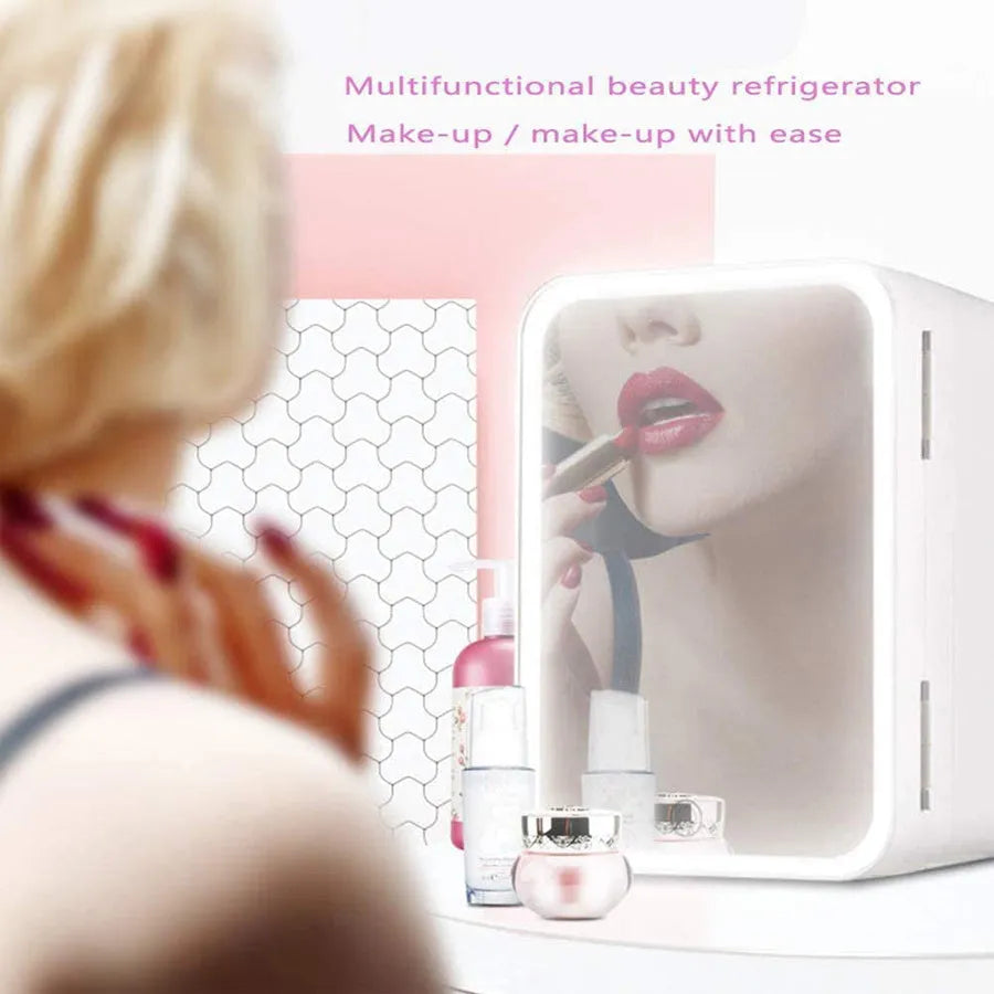 White mini cosmetic refrigerator with cooling and warming functions from 22 to 65 degrees Celsius
