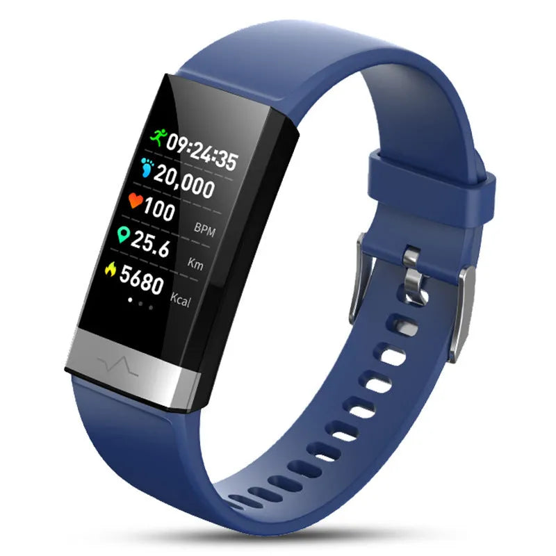 V19 smart health bracelet with colour screen on a TPU strap, showing ECG and SpO2 readouts.