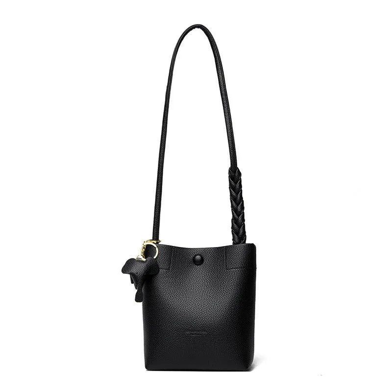 Women's soft genuine leather multilayer phone crossbody bag, square vertical shape, black colour, 20cm height